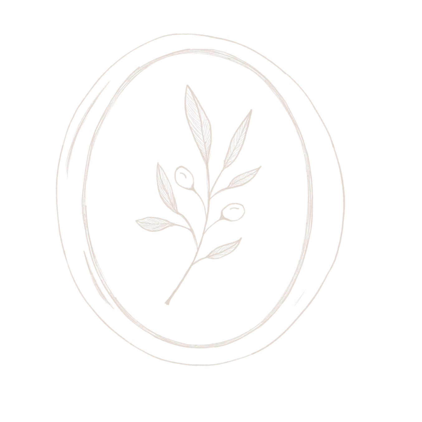 Minimalist illustration of a sprig with leaves and berries inside an oval stamp-style border - an Heirloom Media Co custom brand illustration
