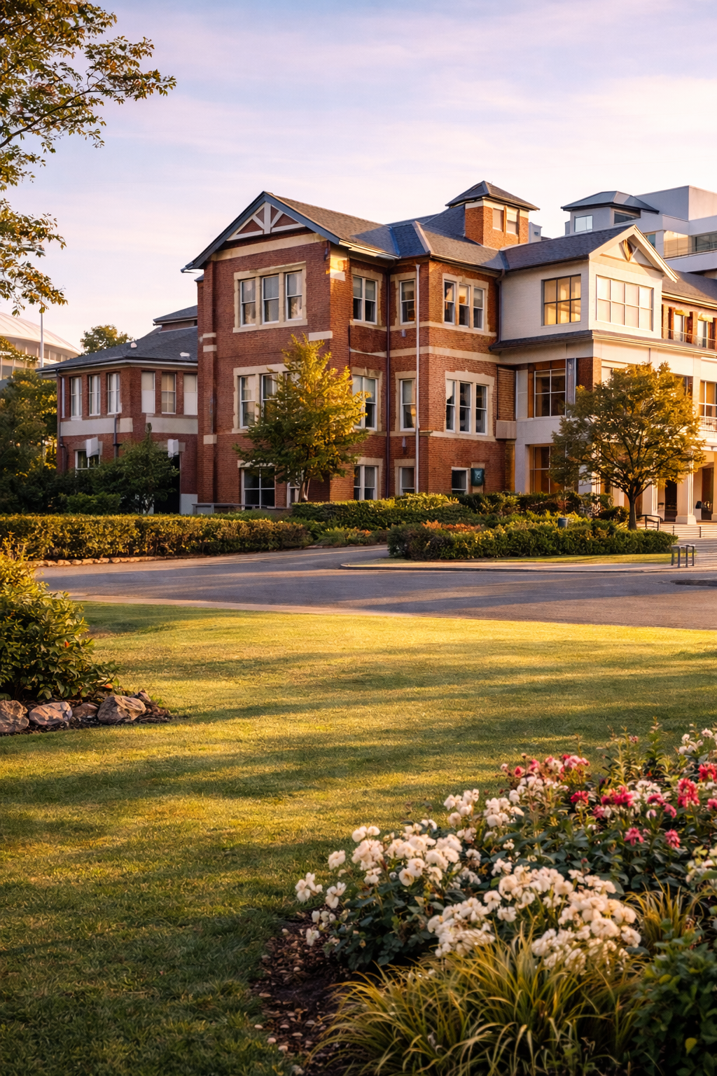 A multi-story brick residential building with white trim and surrounding green landscaping during sunset.