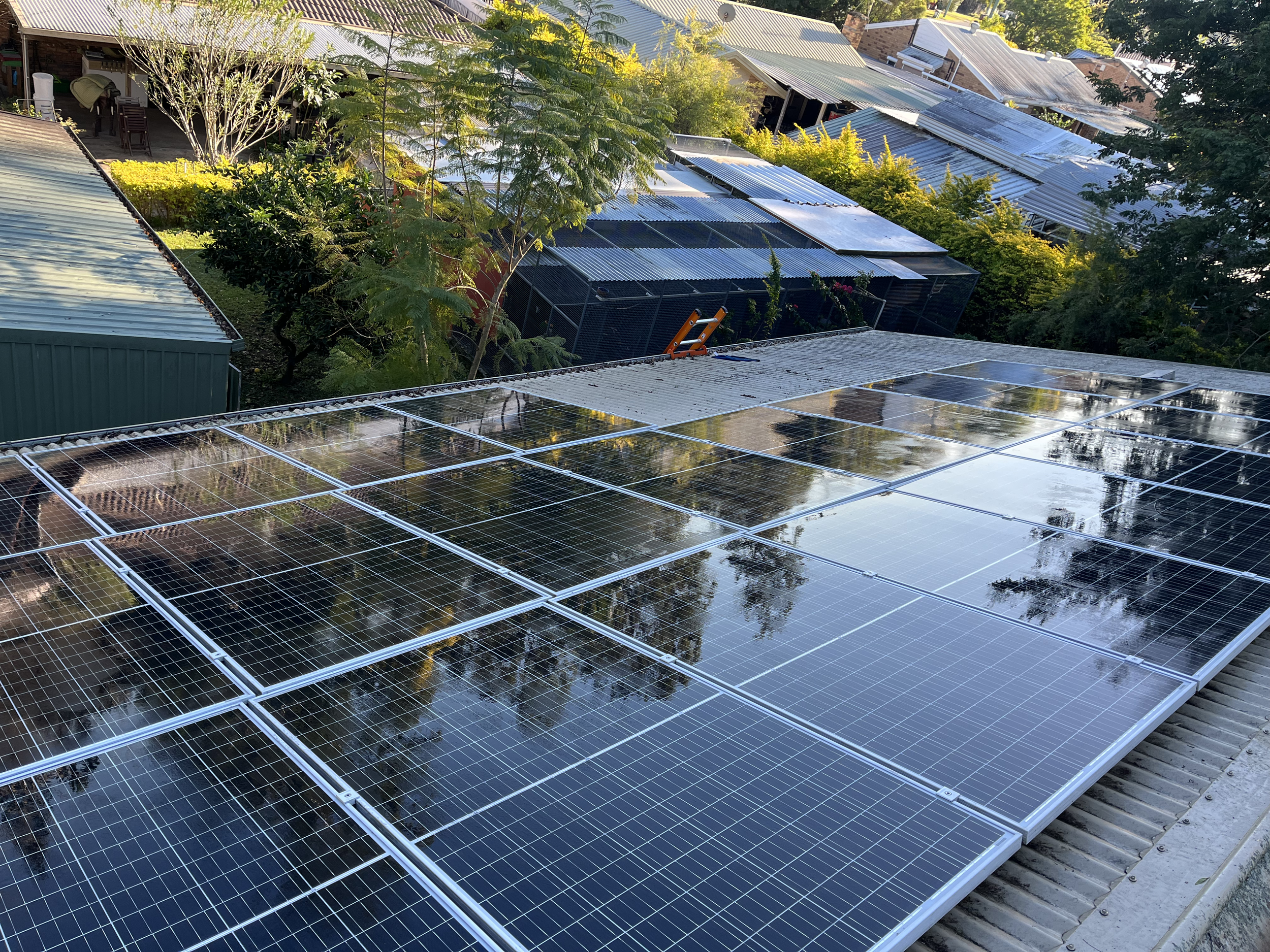 View of a rooftop with a large array of solar panels surrounded by trees and other rooftops in the background.