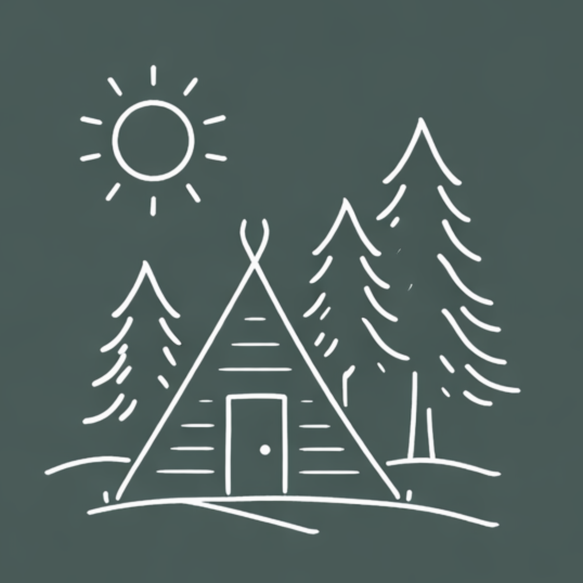 Line drawing of a camping scene with a teepee and pine trees under a sun.