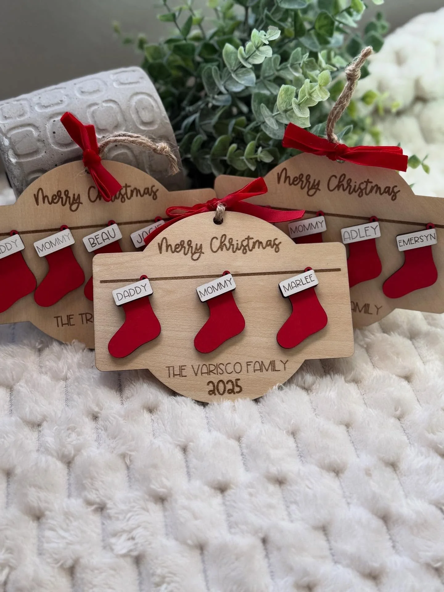 First batch of personalized family ornaments going out 🎄 #personalized #christmasdecor #christmasornaments #familyornament #personalizedgifts