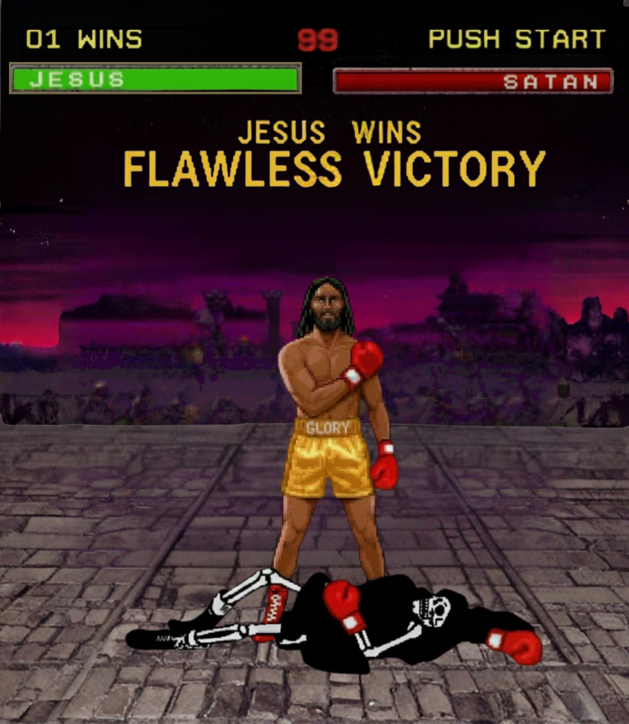 Pixel art style video game screen showing a boxing match with Jesus winning against Satan, who is lying on the ground, in a dark outdoor setting with a purple sky, brick floor, and distant structures.