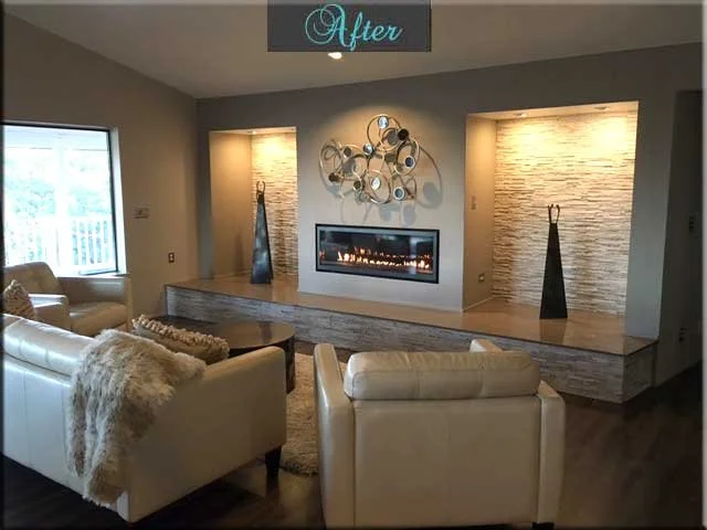 Living room with cream-colored sofas, a furry blanket, a wooden coffee table, and a modern electric fireplace, featuring decorative wall art and vases, with a large window in the background and a sign reading 'After' at the top.