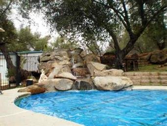 Swimming pool with rocks and trees in the background