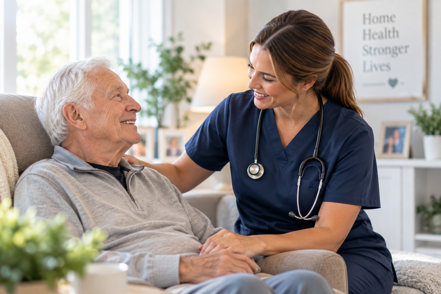 A young healthcare professional in navy scrubs and a stethoscope smiling at an elderly man sitting on a couch.