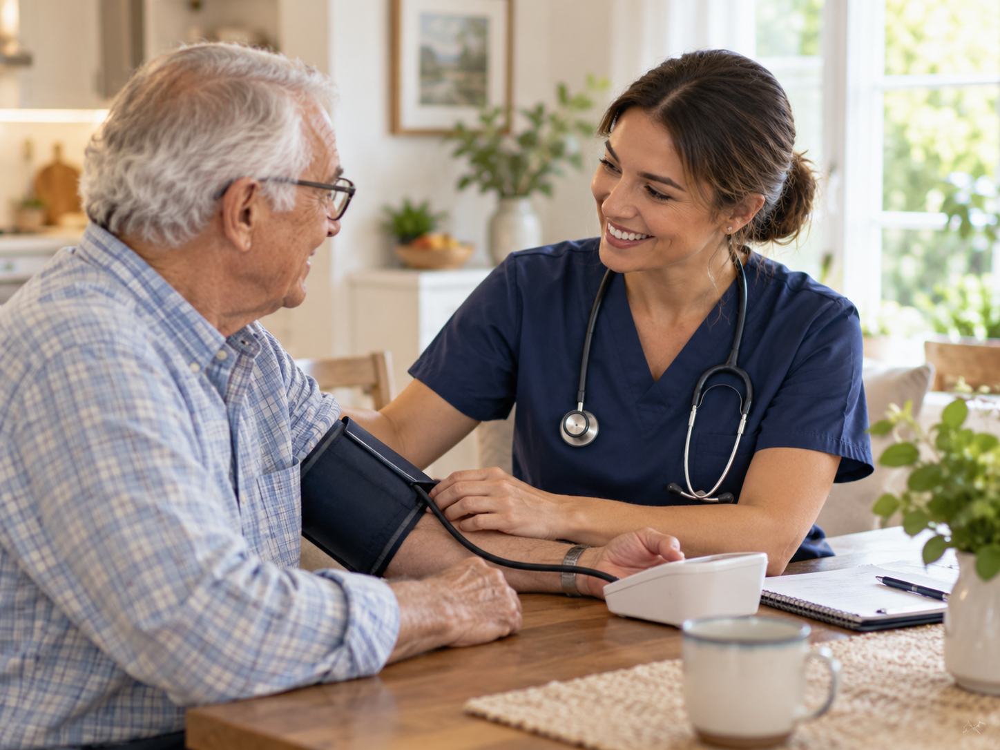 A nurse taking an elderly man's blood pressure at home, smiling and talking to him.