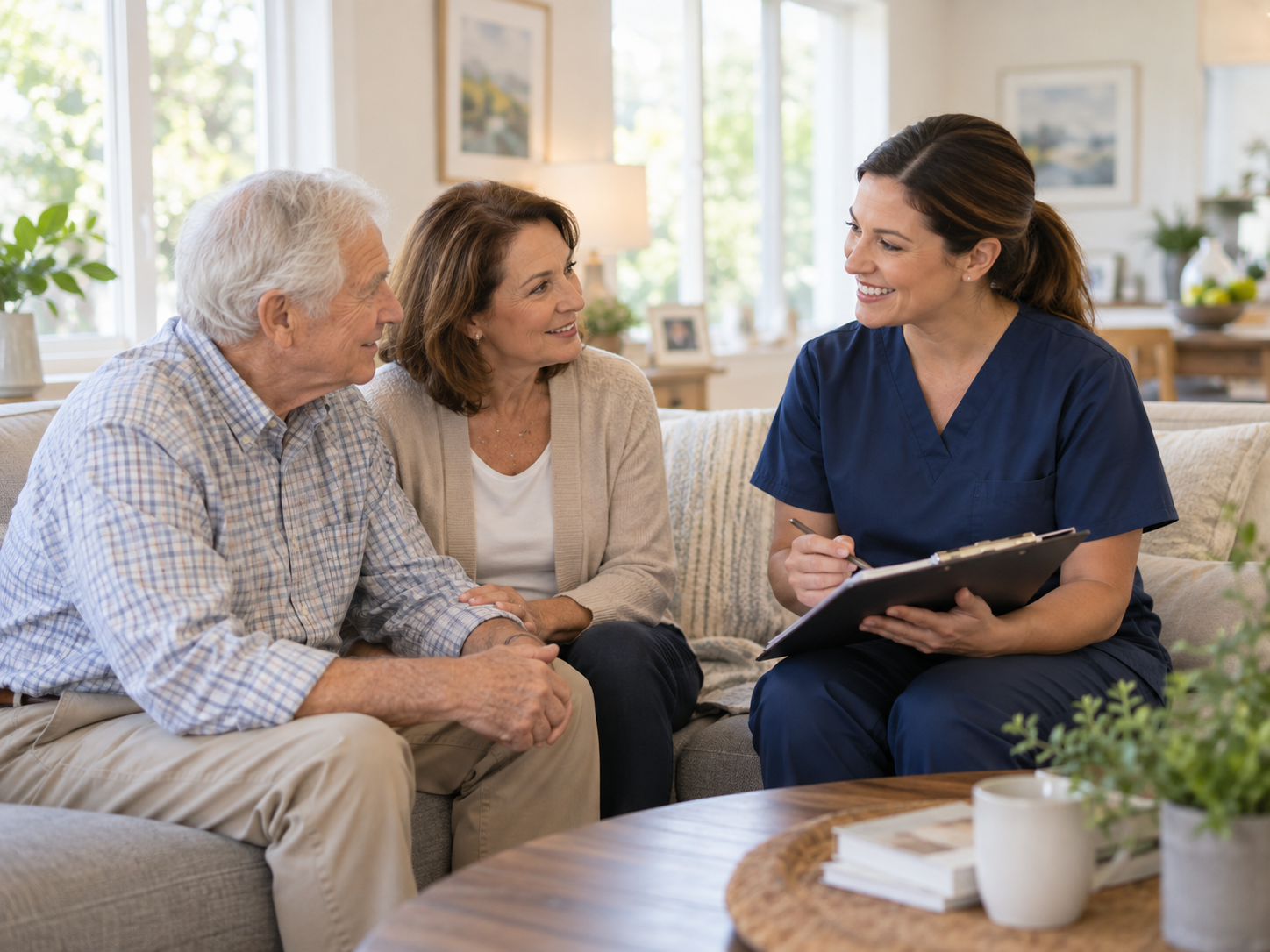 A healthcare worker in navy scrubs sitting on a couch, holding a clipboard, talking to an elderly man and woman in a cozy living room.