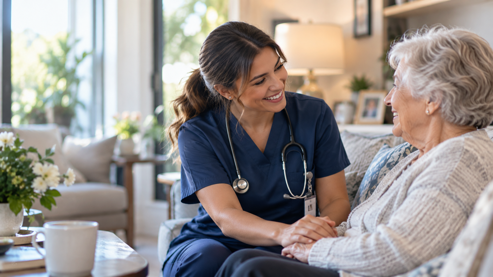 A young female healthcare professional smiling and holding hands with an elderly woman in a cozy living room.