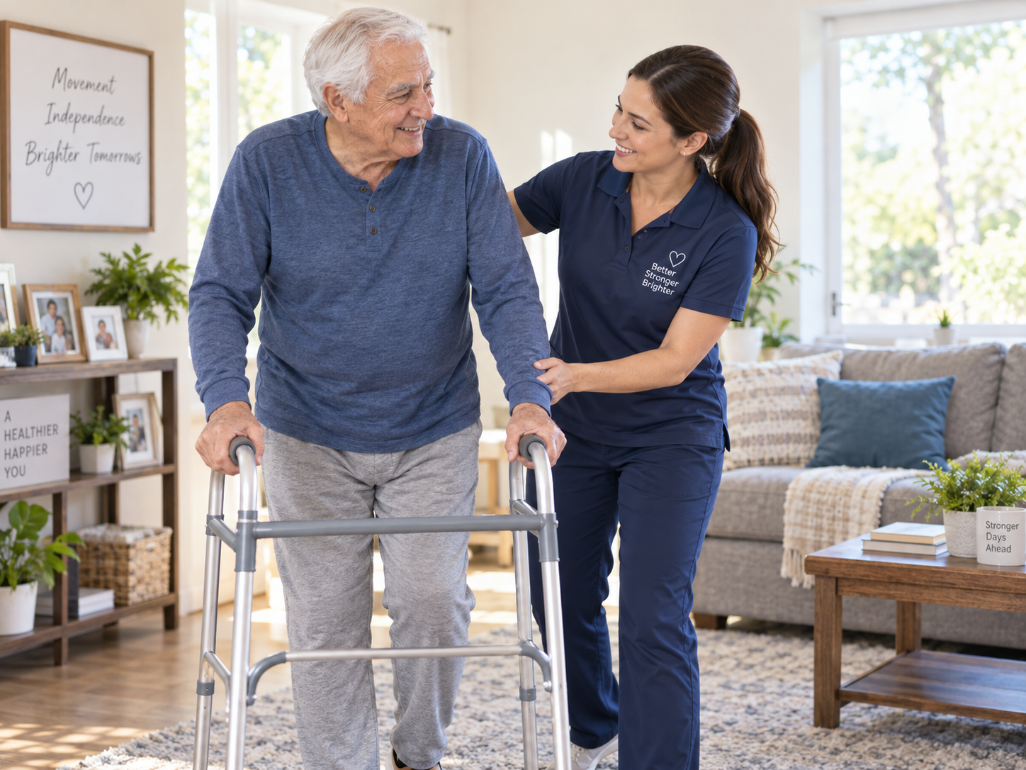Healthcare worker assisting an older man using a walker at home.