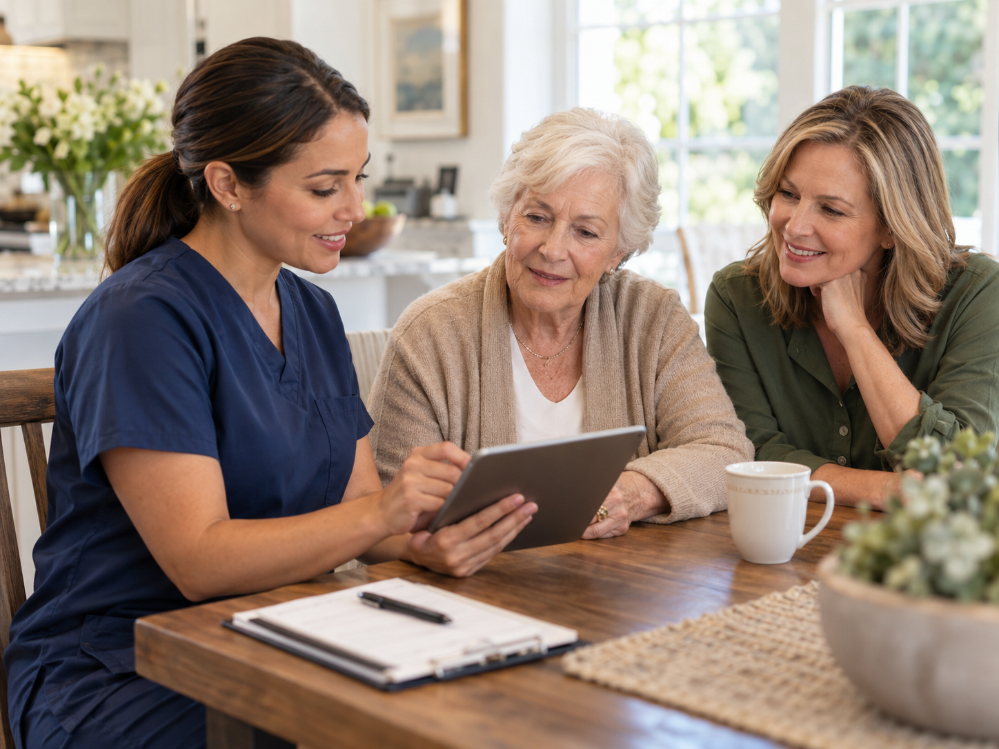 Three women, including a nurse, gathered around a table looking at a tablet together in a bright kitchen.