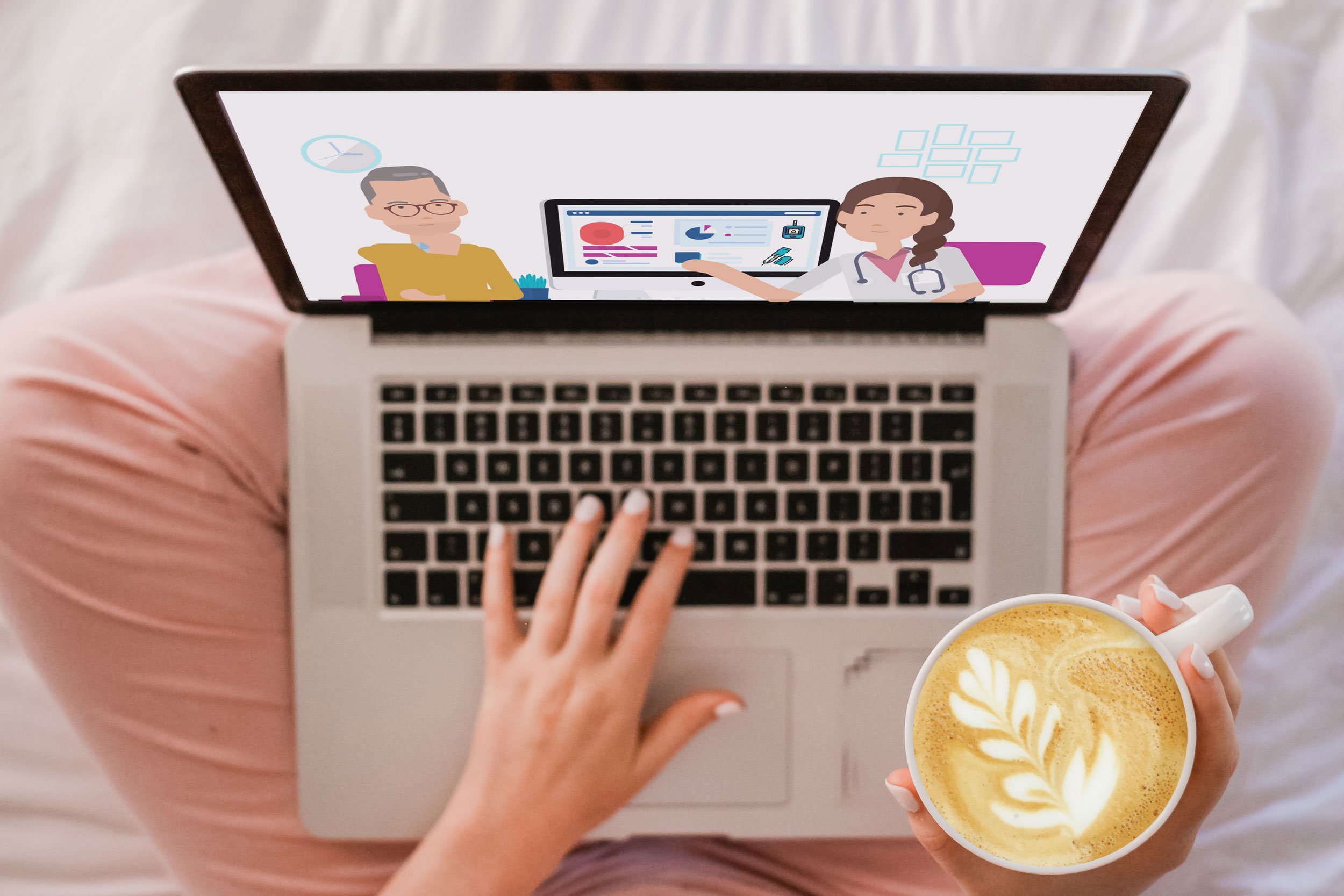 Image shows a female sitting on a bed while watching our diabetes prevention training video.