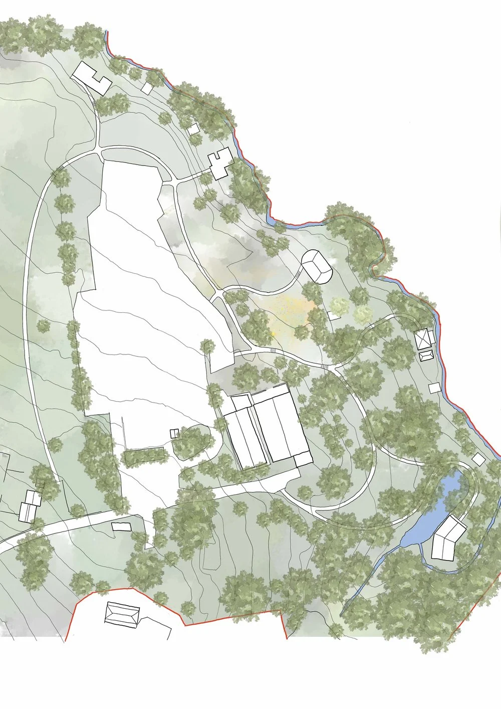 A detailed landscape design plan showing various buildings, trees, pathways, and a waterway bordering the site.