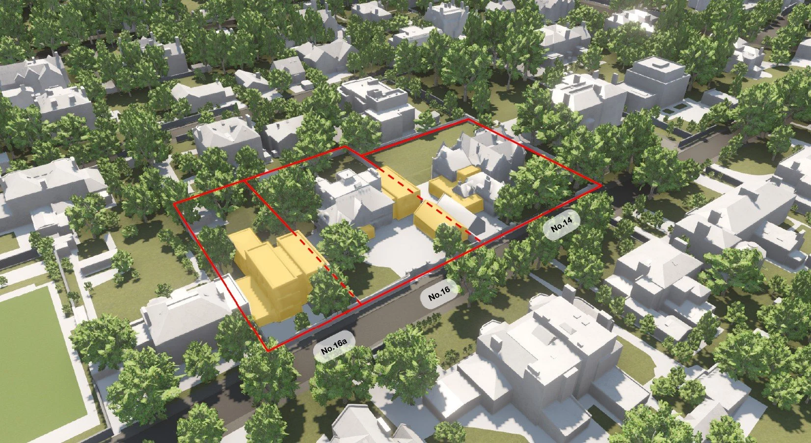 A 3D map of a residential area with a plot outlined in red, showing several yellow-colored buildings within the boundaries. The plot is surrounded by trees and neighboring houses. The plot has labels noting No. 14, No. 16, and No. 16A on the boundary lines.
