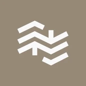 A logo with three stacked, tilted white arrows pointing downward on a beige background.