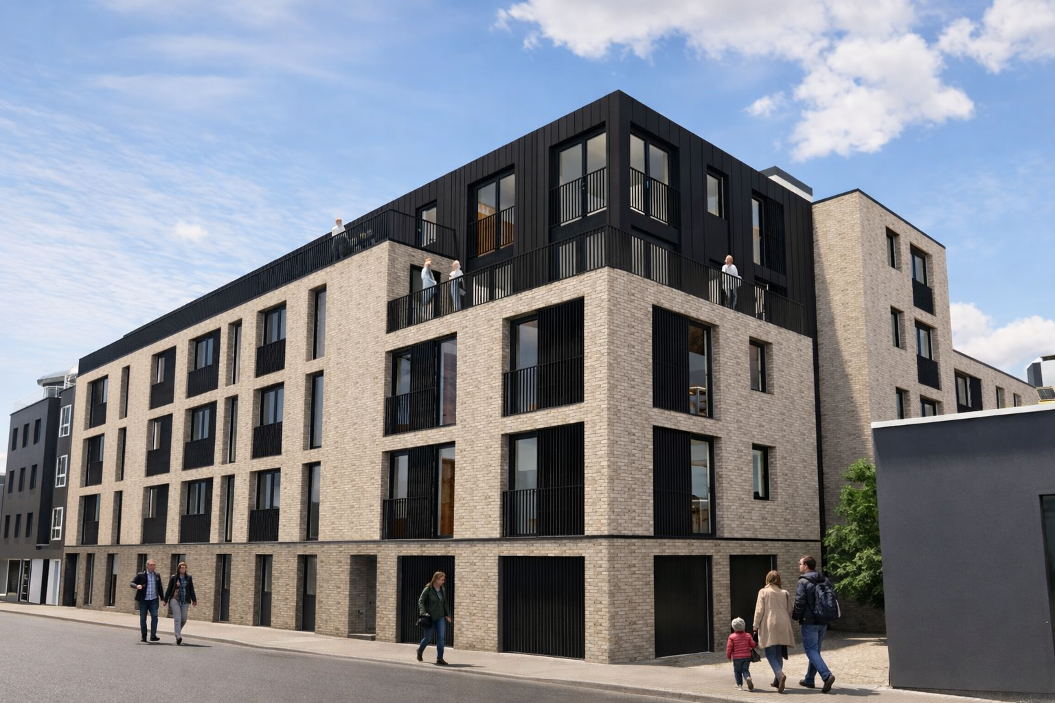 A modern multi-story residential building with a brick facade and black accents on the upper floors. Several people are walking on the sidewalk in front of the building, and a few individuals are on the balconies and rooftop.