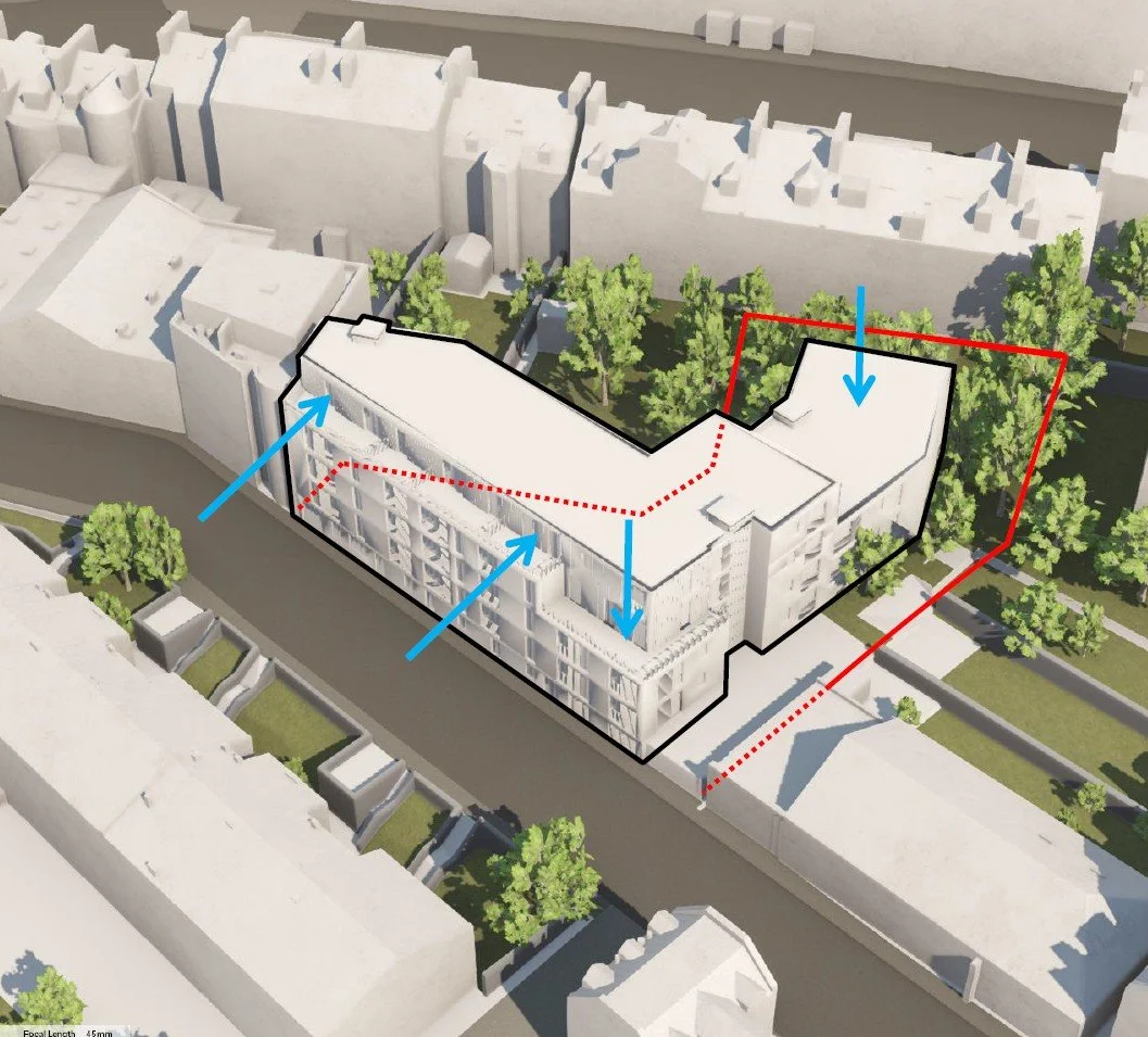 A 3D architectural diagram of a multi-story urban building with outlined black and red borders, surrounded by trees and neighboring buildings, with blue arrows indicating directions and a red dotted line marking a path around the building.