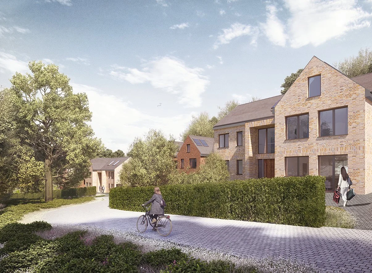 Modern residential neighborhood with brick houses, trees, and a paved pathway. Two women, one with a bicycle and another carrying luggage, are visible.