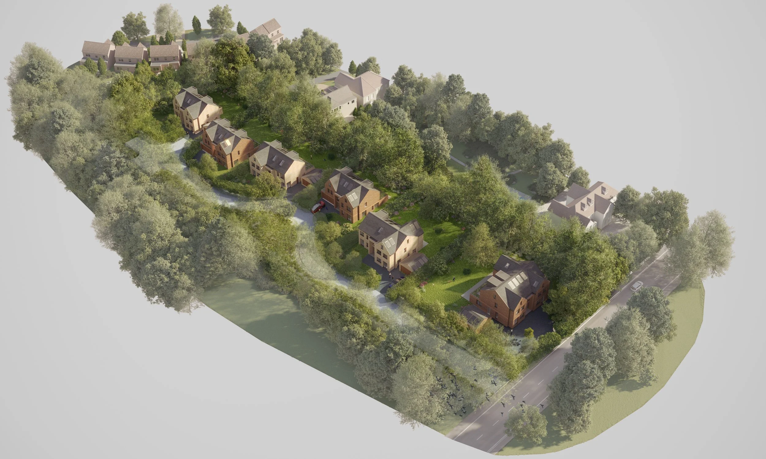 A rendered aerial view of a residential neighborhood with houses surrounded by trees, greenery, and a winding road.