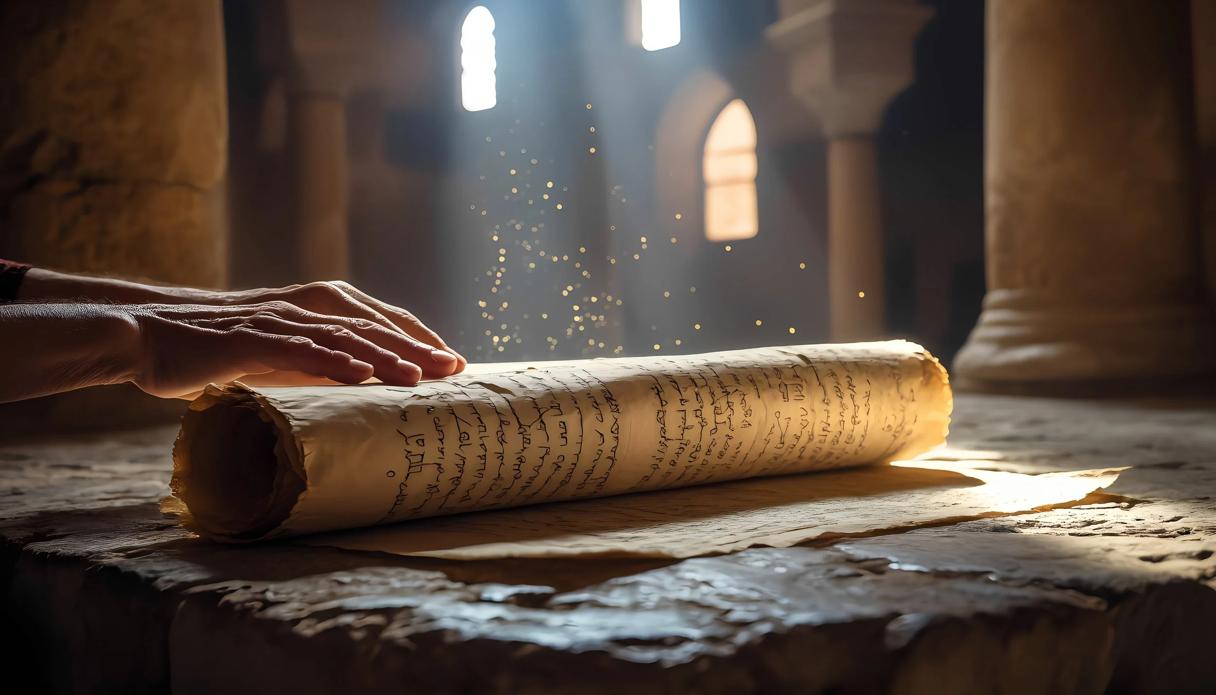 A person's hand touching ancient scrolls with handwritten text, sunlight streaming through windows illuminating dust particles in an old library or study.