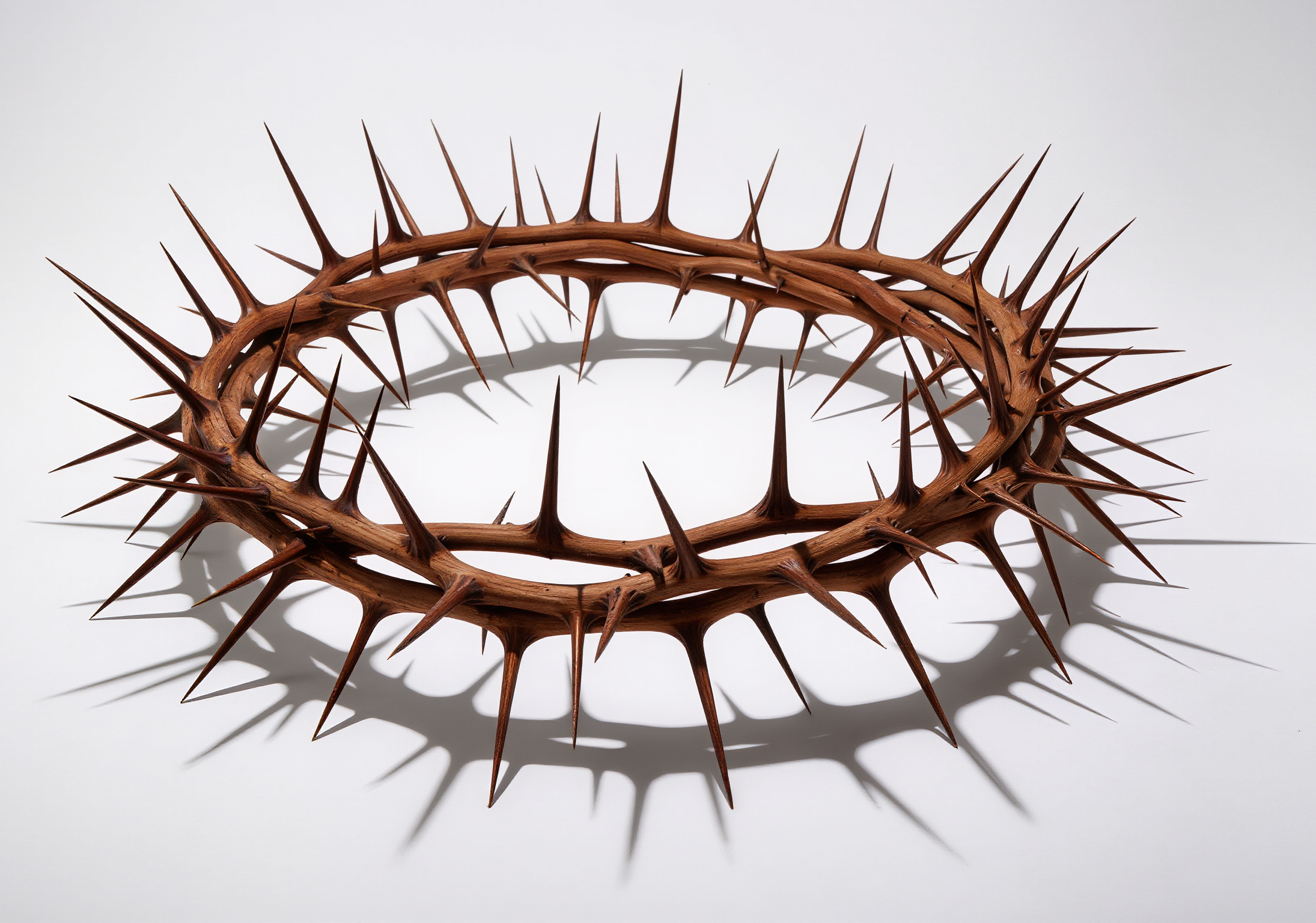 A brown crown with long, sharp spikes casting shadows on a white background.