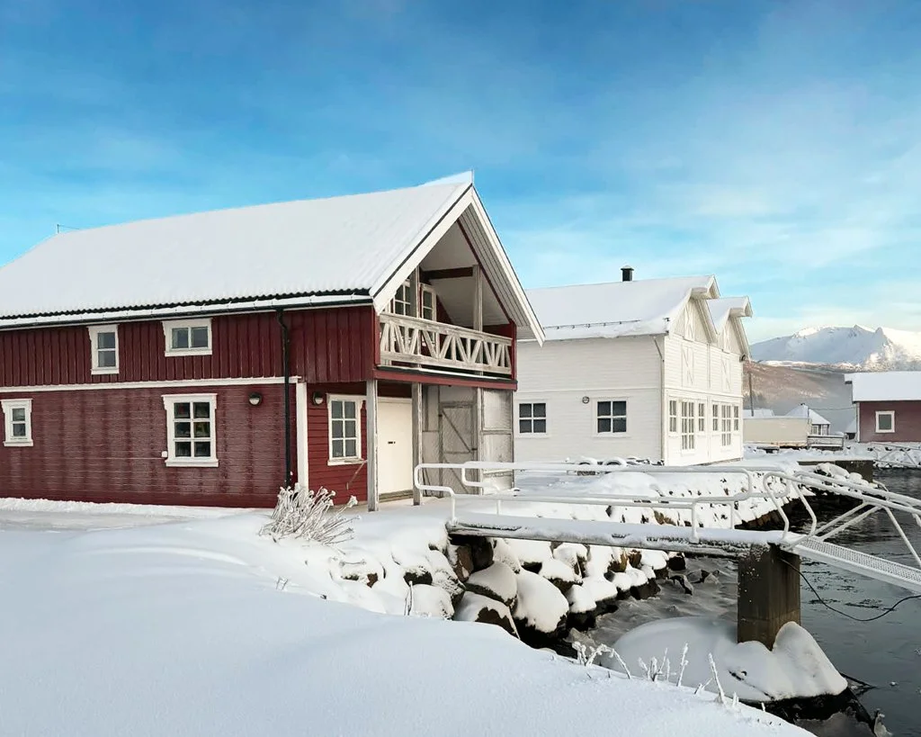 Fargede hus i småbåthavna, Eidsfjorden ved havet, dekket av snø i vinterlandskap, med fjell i bakgrunnen.  Kvartal 20 AS.
