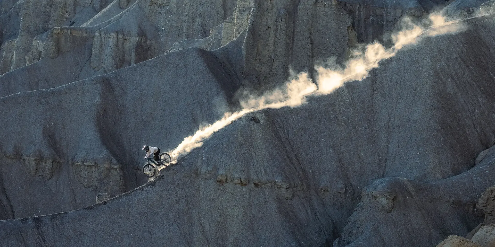 Landscape Shot eines Downhill Moutnainbikers in voller Fahrt