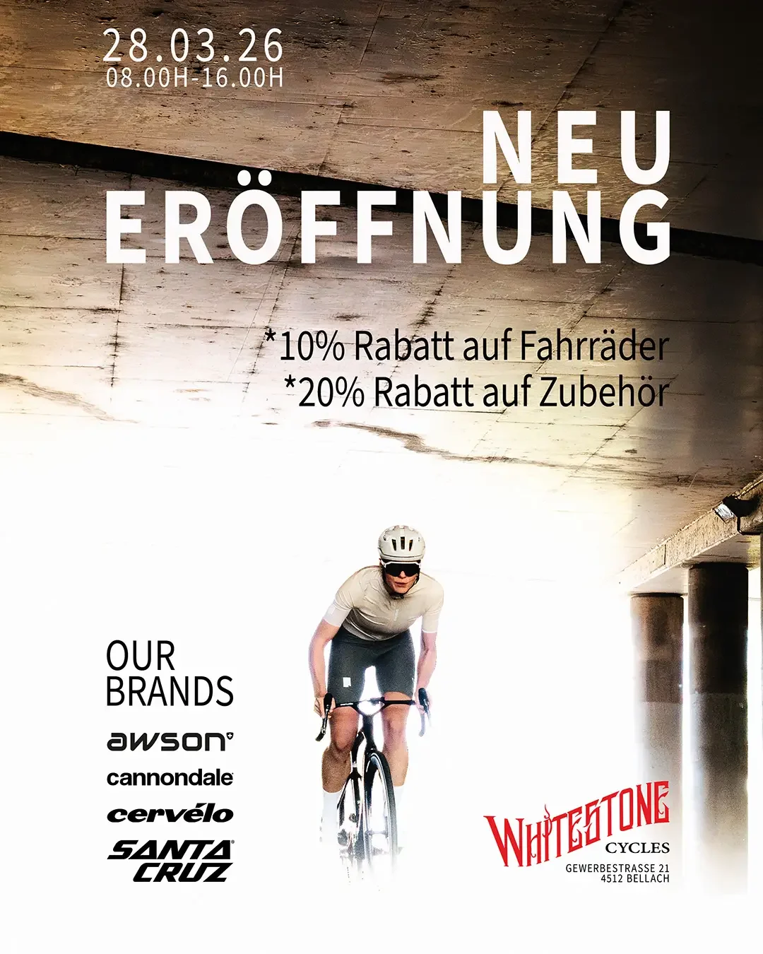 Flyer und Einladung zur Neueröffnung des Fahrradhändlers Whitestone cycles