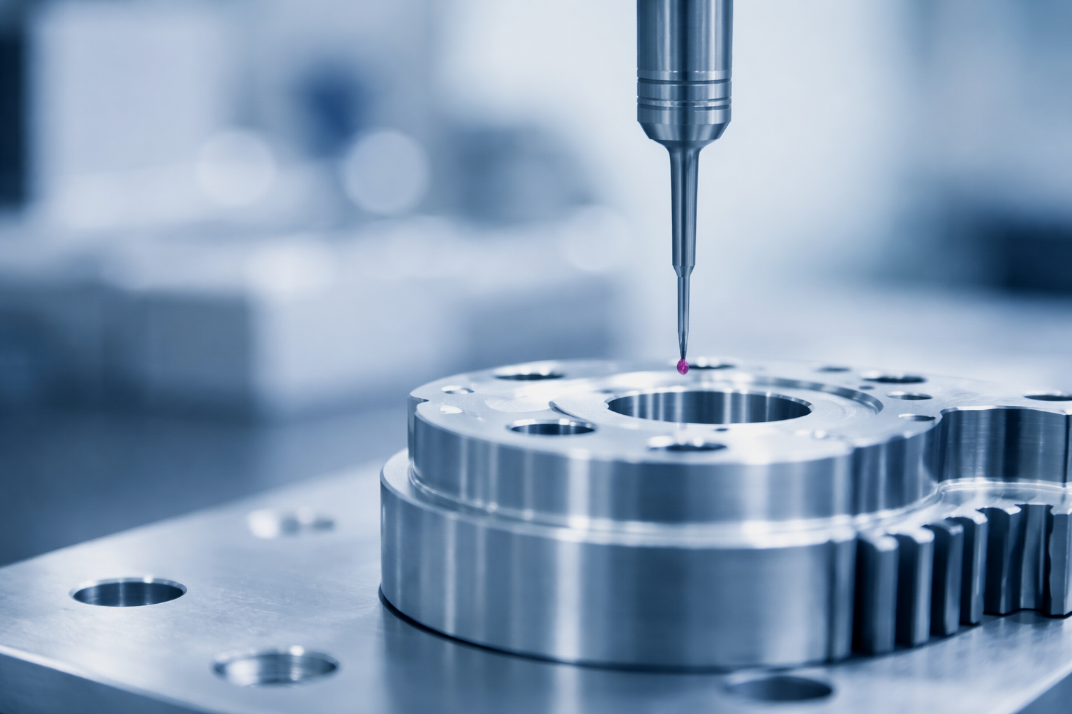 Close-up of a metallic precision machine part on a workbench with a small tapered tool above it.