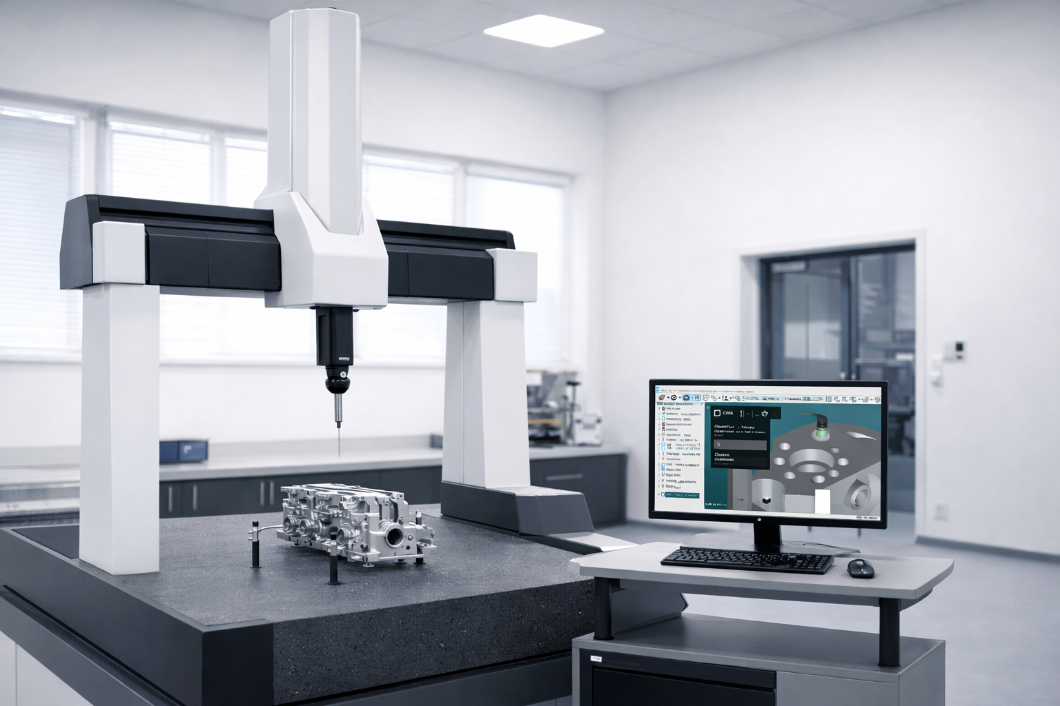A coordinate measuring machine (CMM) in a clean, modern laboratory, with a mechanical part and a computer monitor displaying measurement data.