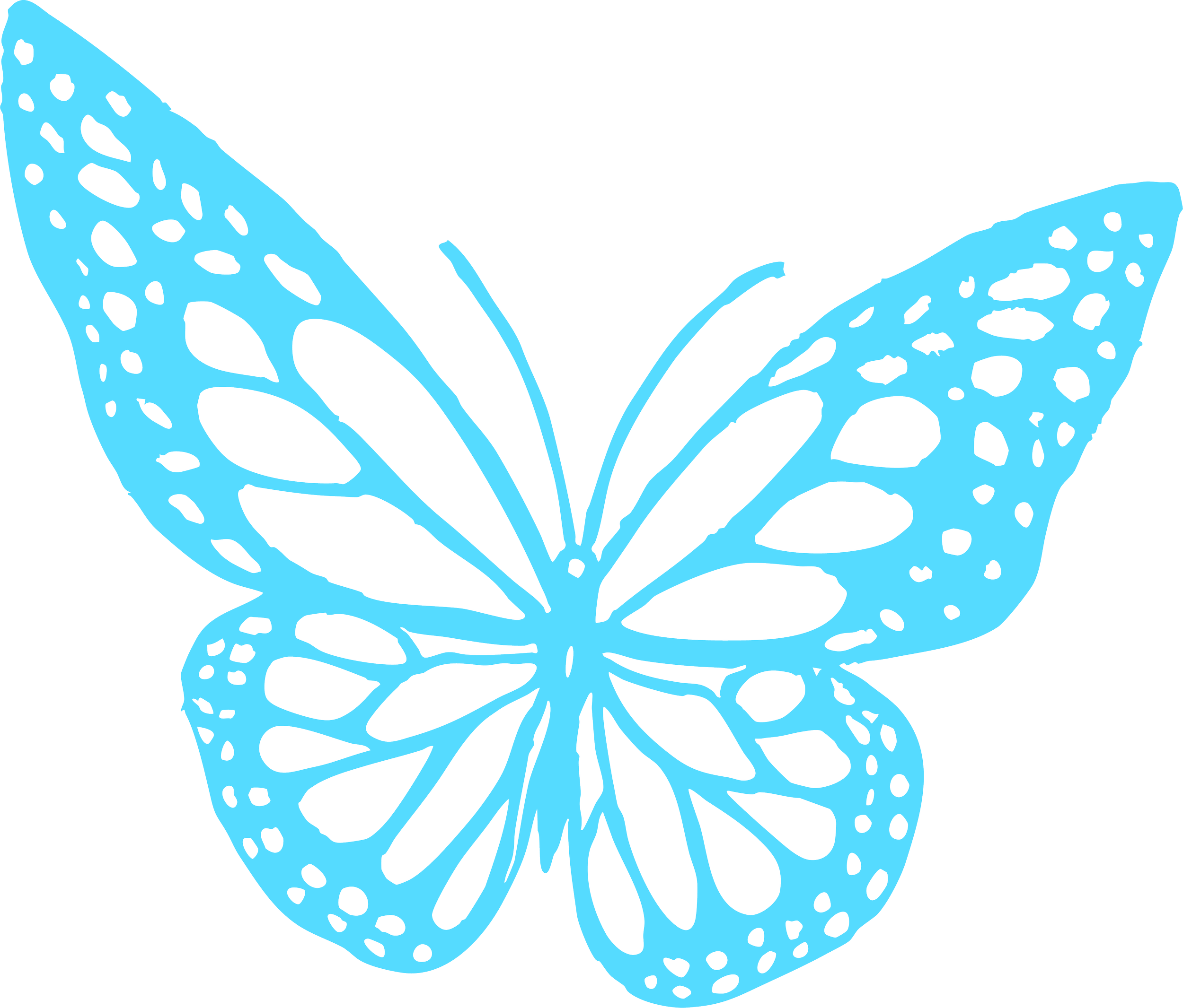 Digital illustration of a butterfly with light blue wings featuring black patterns, set against a black background.