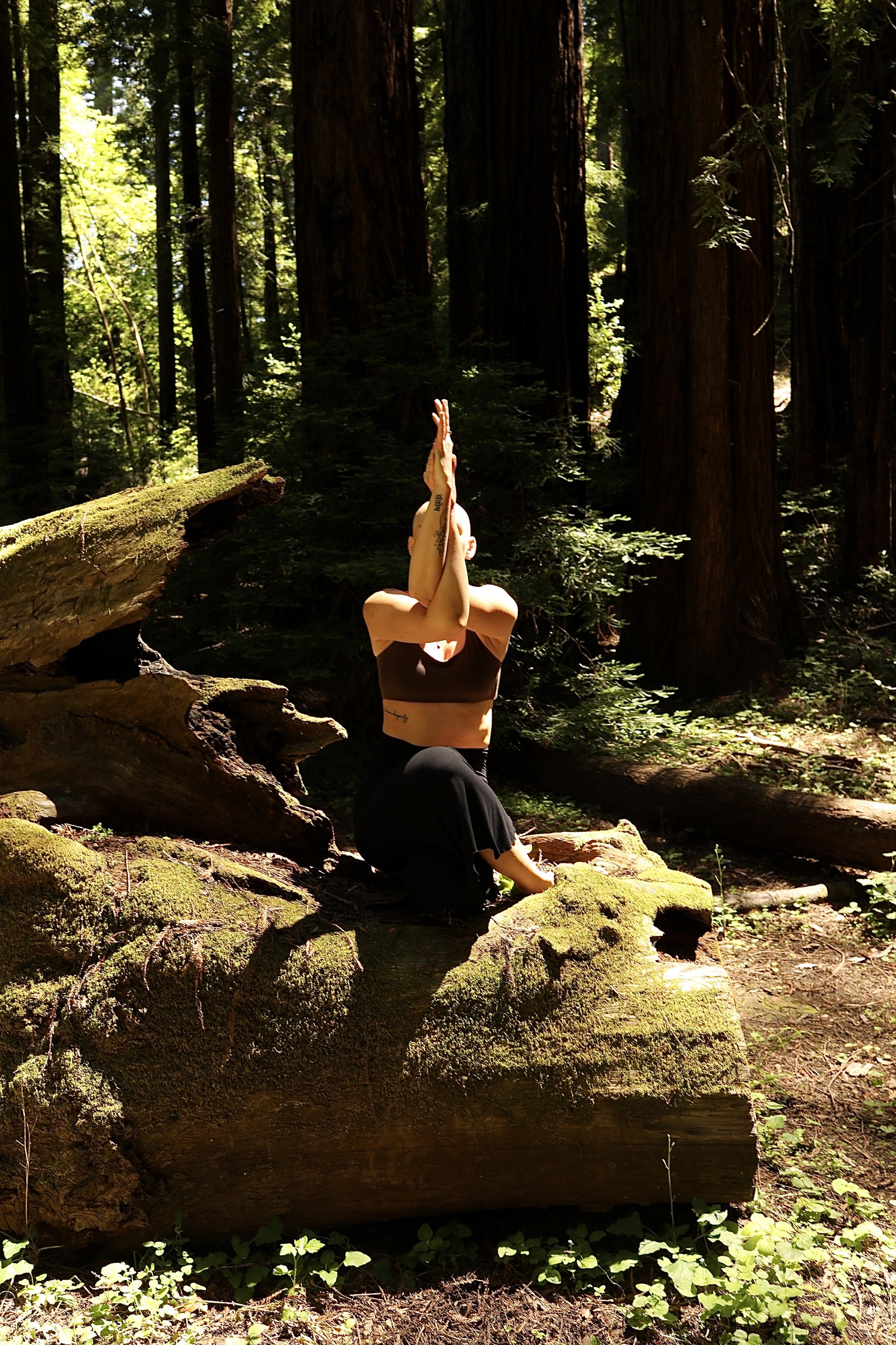 A woman practicing yoga outdoors in a forest, sitting on moss-covered rocks and balancing in a prayer pose with hands together above her head.