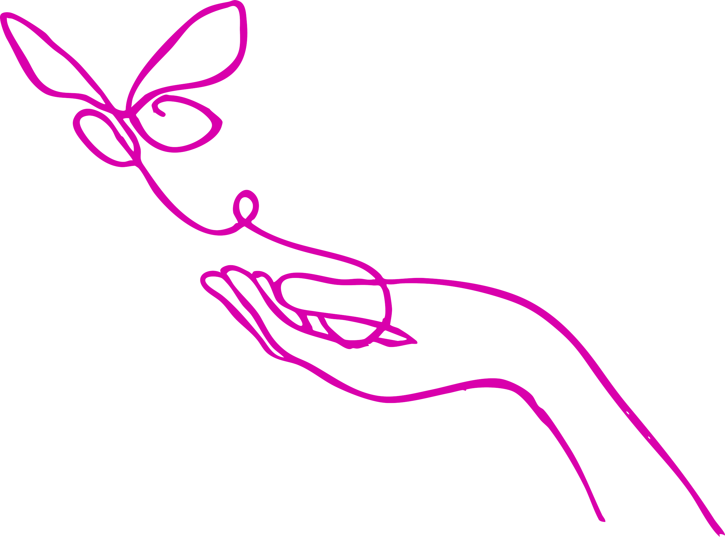 Line drawing of a hand holding a flower with a long stem, rendered in purple on a black background.