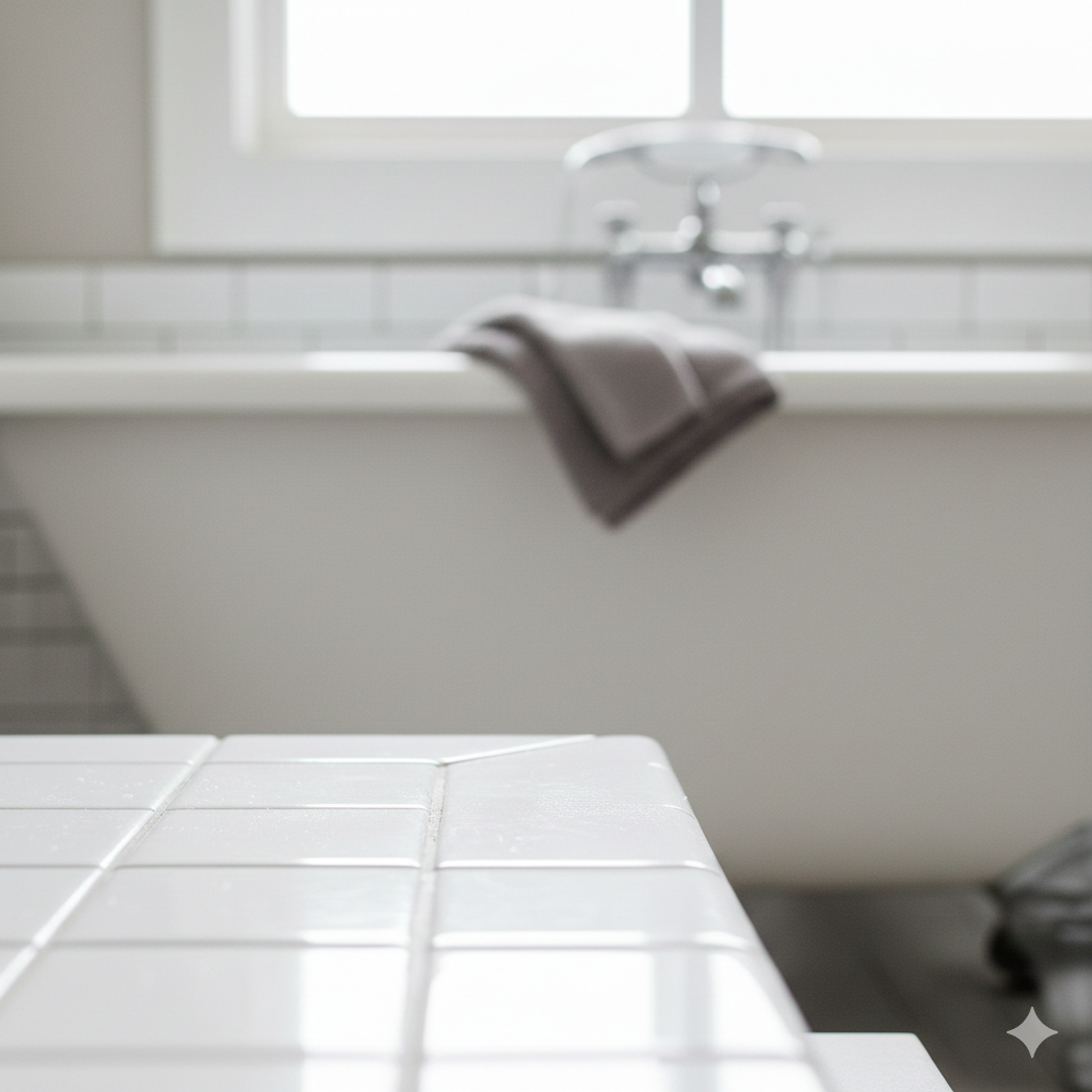 Close-up of clean white bathroom floor tile and sparkling grout in a bright, modern bathroom with a bathtub in the background, representing deep cleaning services in Lake City, Florida.