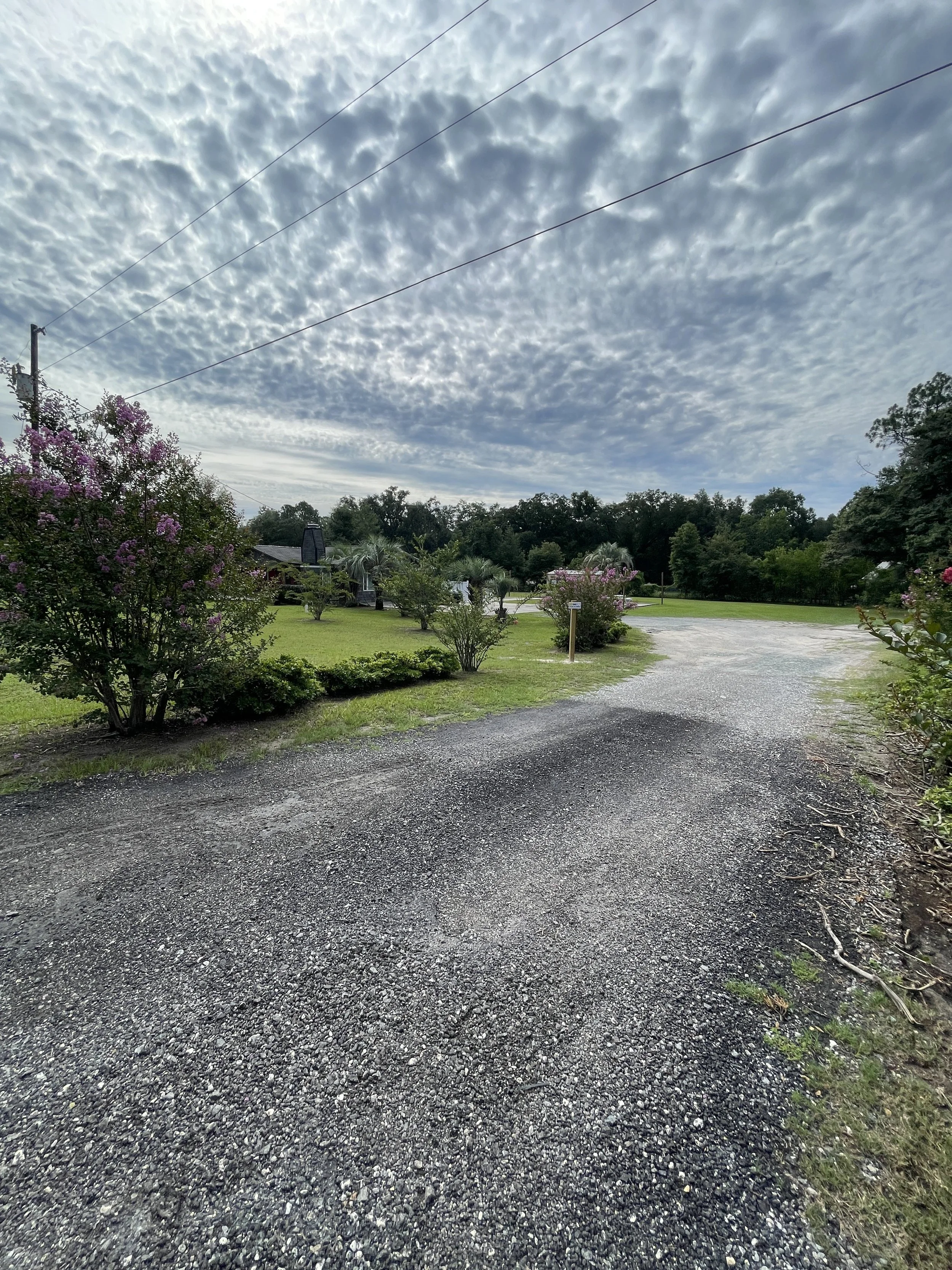 Gravel driveway that leads to the ranch style Airbnb located in Lake City, Florida