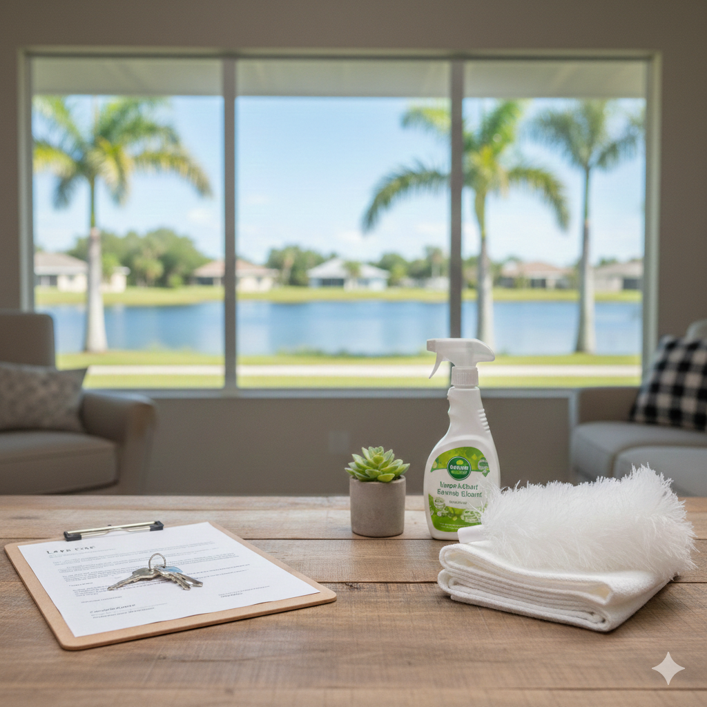 A clean, bright residential interior in Lake City, Florida, featuring house keys on a clipboard and professional cleaning supplies on a wooden table, overlooking a sunny lakefront view.