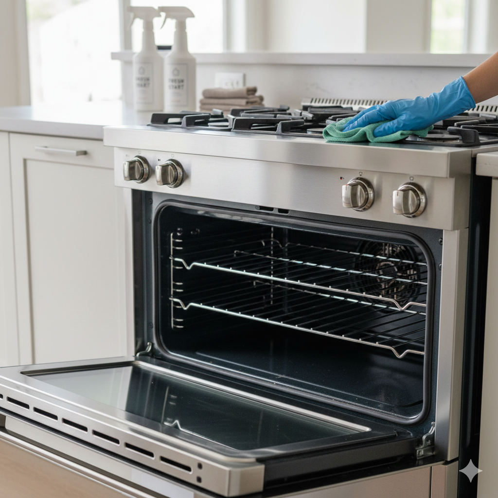 A professionally cleaned oven with the door open and sparkling racks in a modern white kitchen, representing move-in and move-out cleaning services in Lake City, Florida.