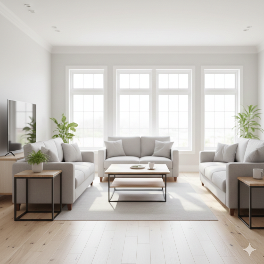 Bright and airy modern living room with neutral sofas, light wood floors, and large windows, representing residential cleaning services in Lake City, Florida.