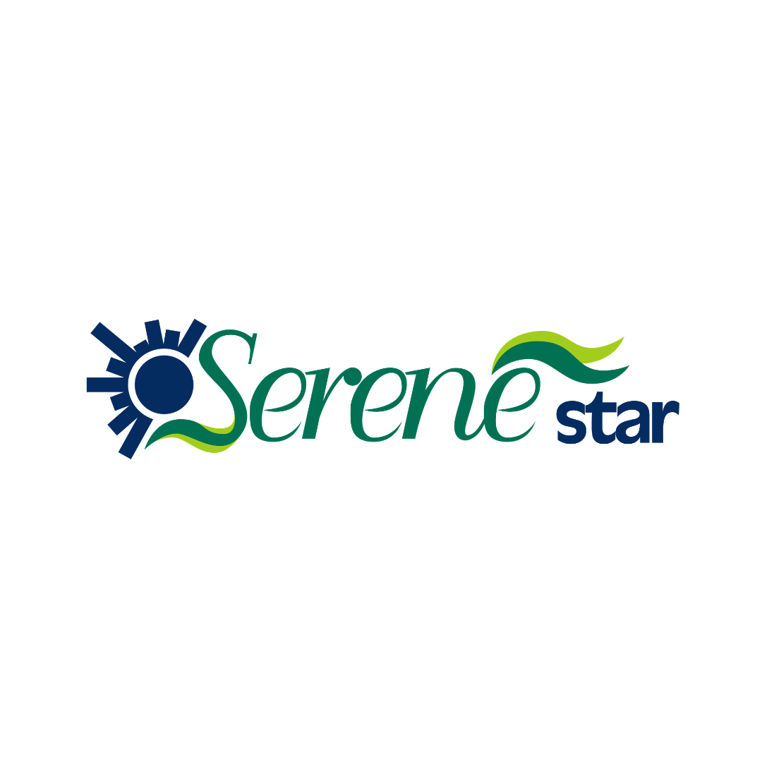 Logo con il testo 'Serene star' accompagnato da elementi grafici di un sole stilizzato e onde d'acqua in verde e blu.