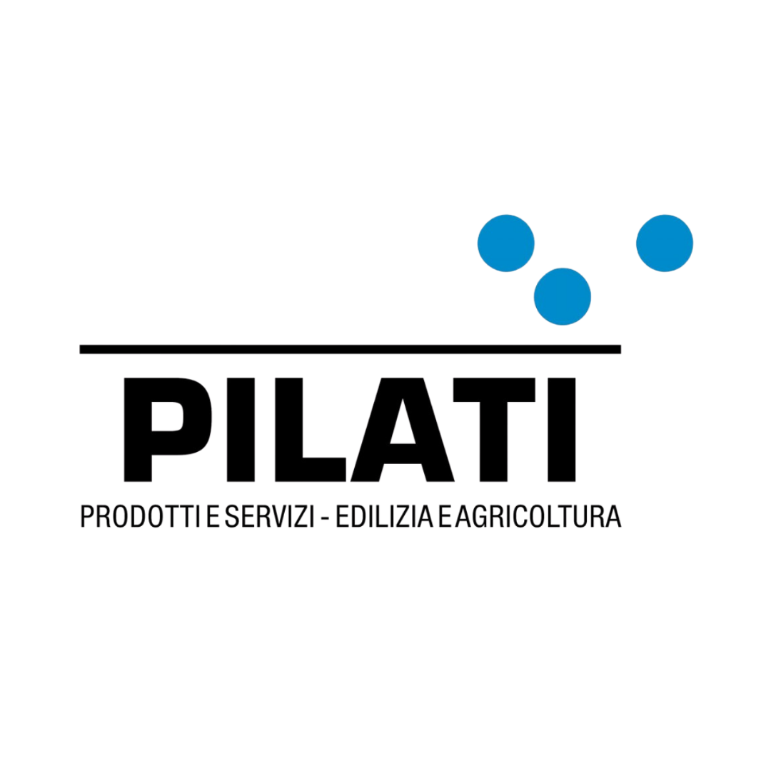 Logo con il testo 'PILATI' e una linea sopra, con tre cerchi blu rappresentanti bolle d'aria o gocce, e la scritta sotto 'Prodotti e servizi - Edilizia e Agricoltura'