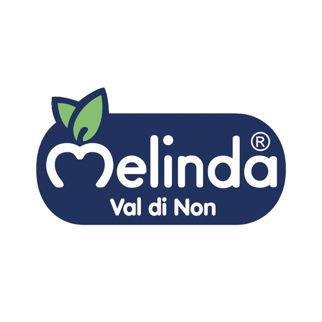Logo con nome 'Melinda' e scritta 'Val di Non', con frutta stilizzata e foglia verde