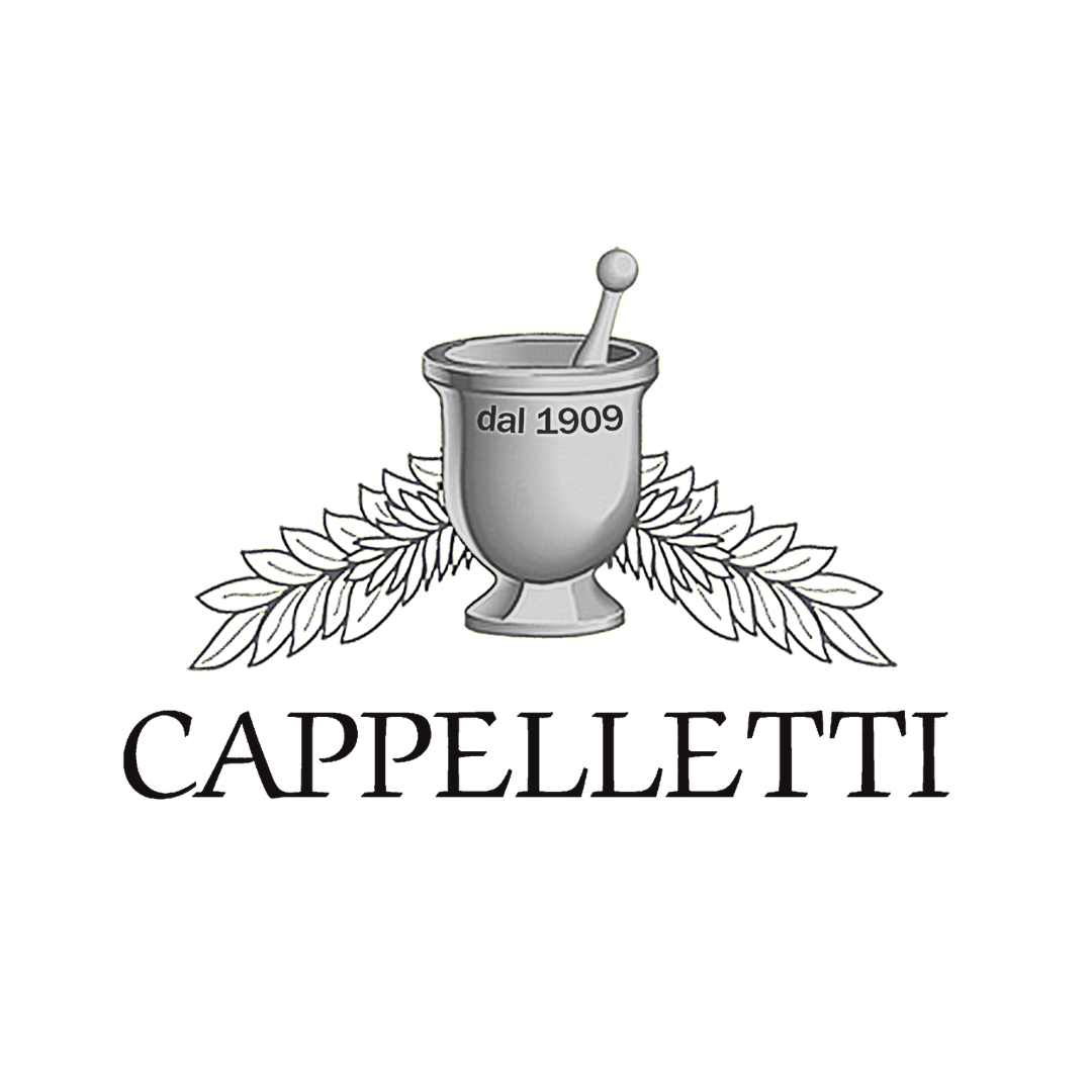 Logo in bianco e nero con una tazza di gelato con bancone e un bastoncino, accompagnato da foglie di alloro e la scritta "Cappelleti".