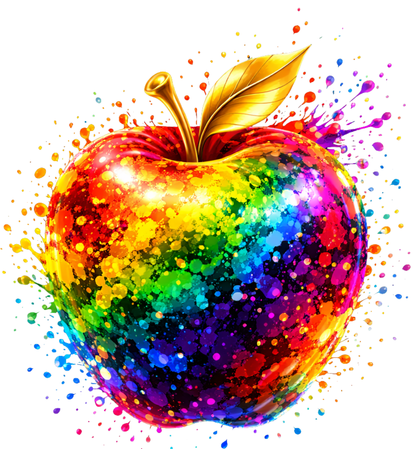 A digitally enhanced apple with rainbow colors and a golden leaf, surrounded by colorful splashes and abstract digital effects.