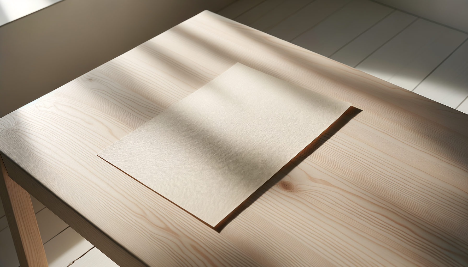 A light-colored wooden table with a sheet of beige paper placed on it, casting a shadow. The table has visible wood grain and is illuminated by sunlight, creating a soft and warm ambiance.
