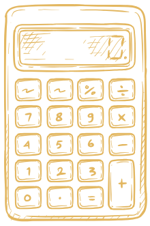 A sketch of a calculator with a rectangular screen and buttons displaying numbers and basic operations