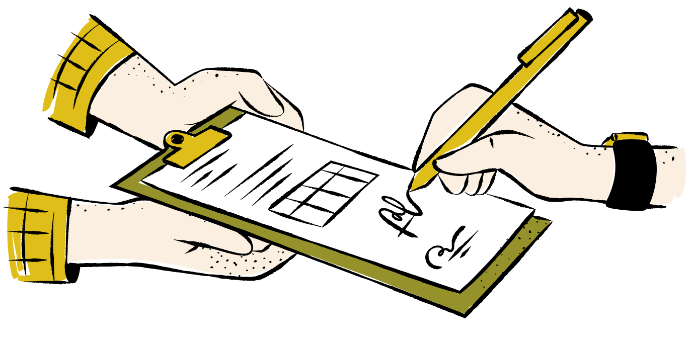 Two hands, one holding a clipboard and the other writing with a pen, involved in filling out a form.
