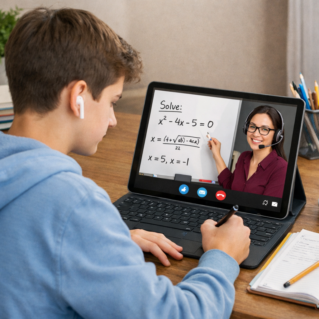 A young person doing homework on a laptop while on a video call with a tutor who is explaining a math problem. The tutor appears on the screen with a whiteboard showing algebraic equations.