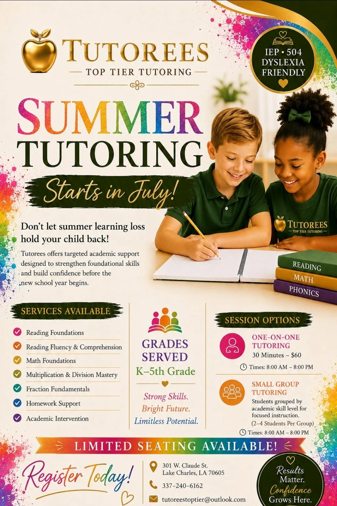 Flyer for Tutorees Summer Tutoring program starting in July. Shows two children studying, with colorful text and graphics about tutoring services for grades K-5, including subjects like reading, math, and phonics. Includes contact information and session options.