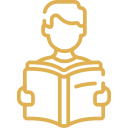 Icon of a person reading a book, outlined in yellow on a black background.