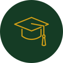 Icon of a graduation cap with a tassel on a dark green circular background.