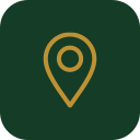 A location pin icon with a gold outline on a dark green background.
